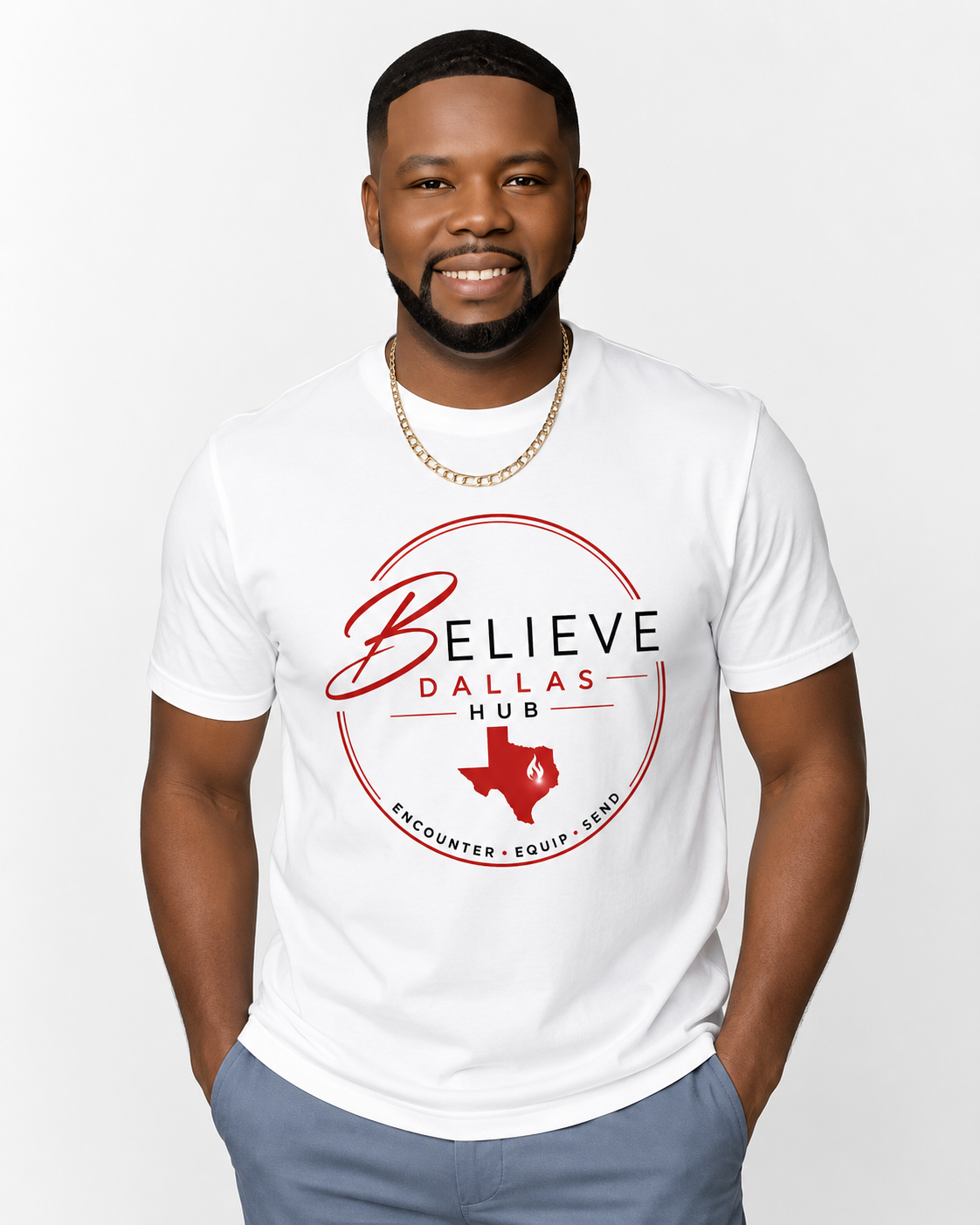 Believe Dallas Hub Logo T-Shirt | Premium Christian Graphic Tee | White Front Logo Shirt