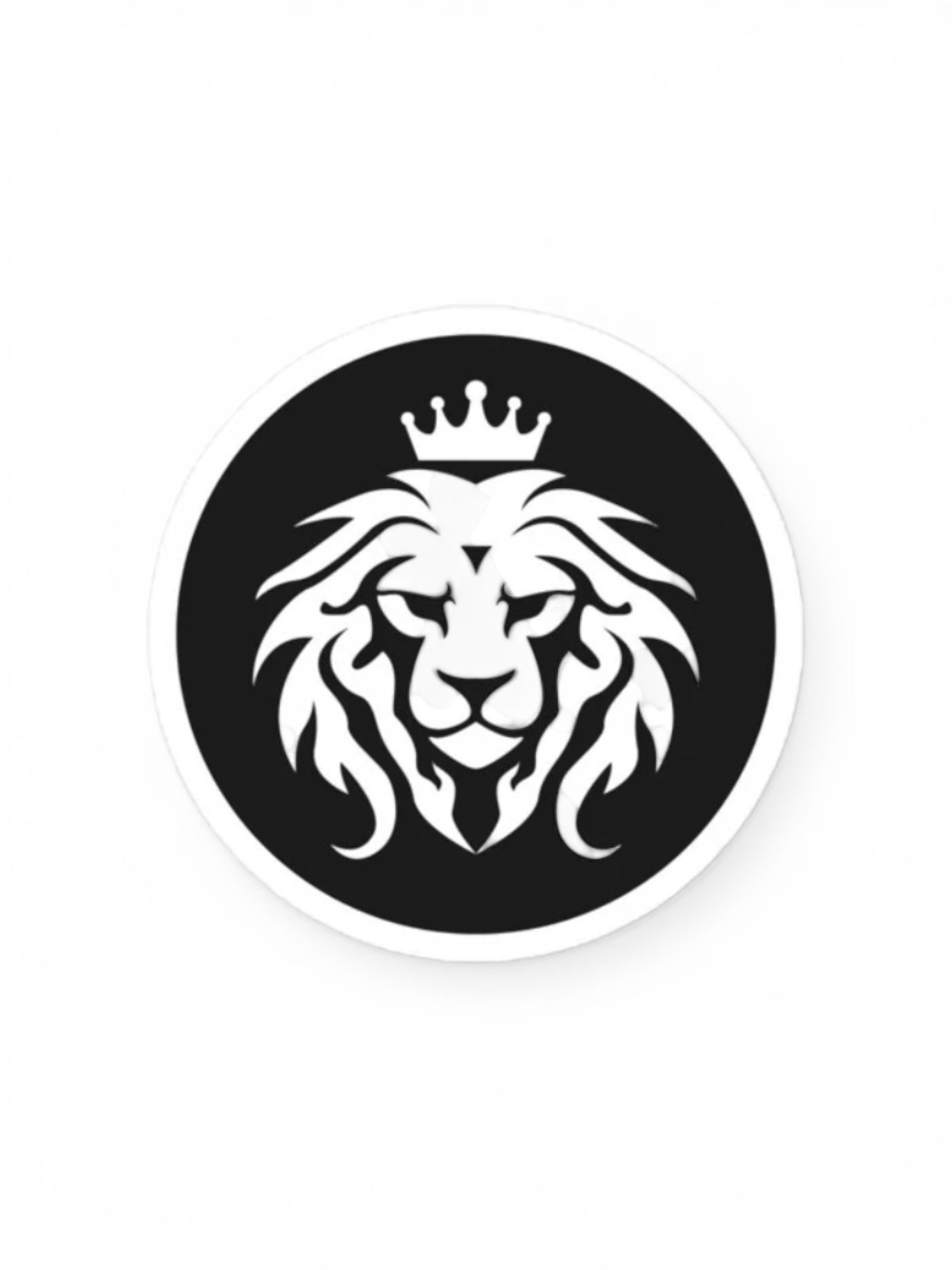 Round black and white sticker with a crowned lion head faith-inspired design