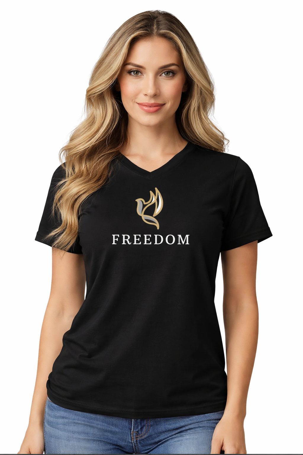 Woman wearing black Christian V-neck t-shirt with gold dove flame symbol and Freedom text on front