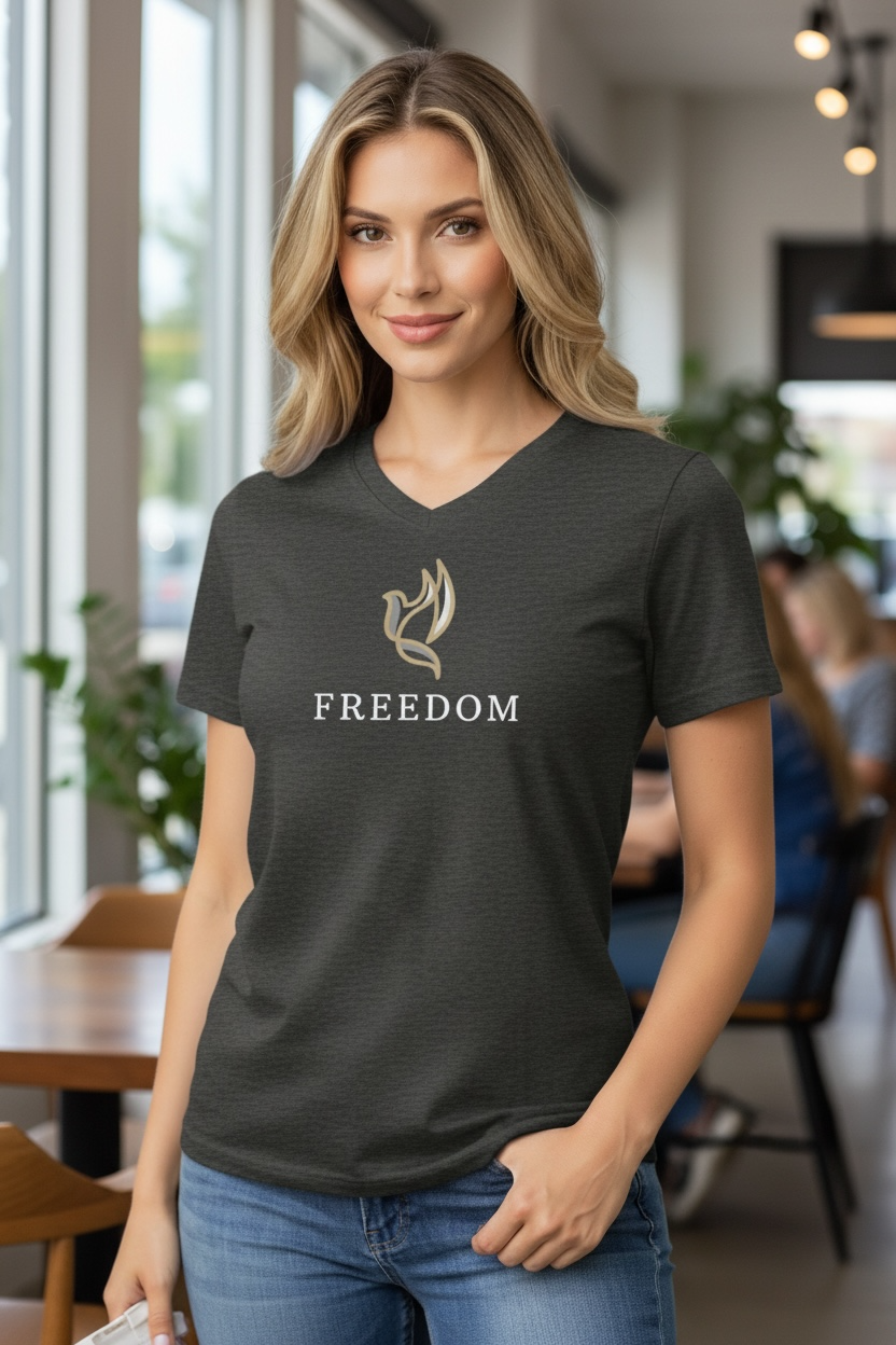 Woman wearing gray Christian V-neck t-shirt with gold dove flame symbol and Freedom text on front