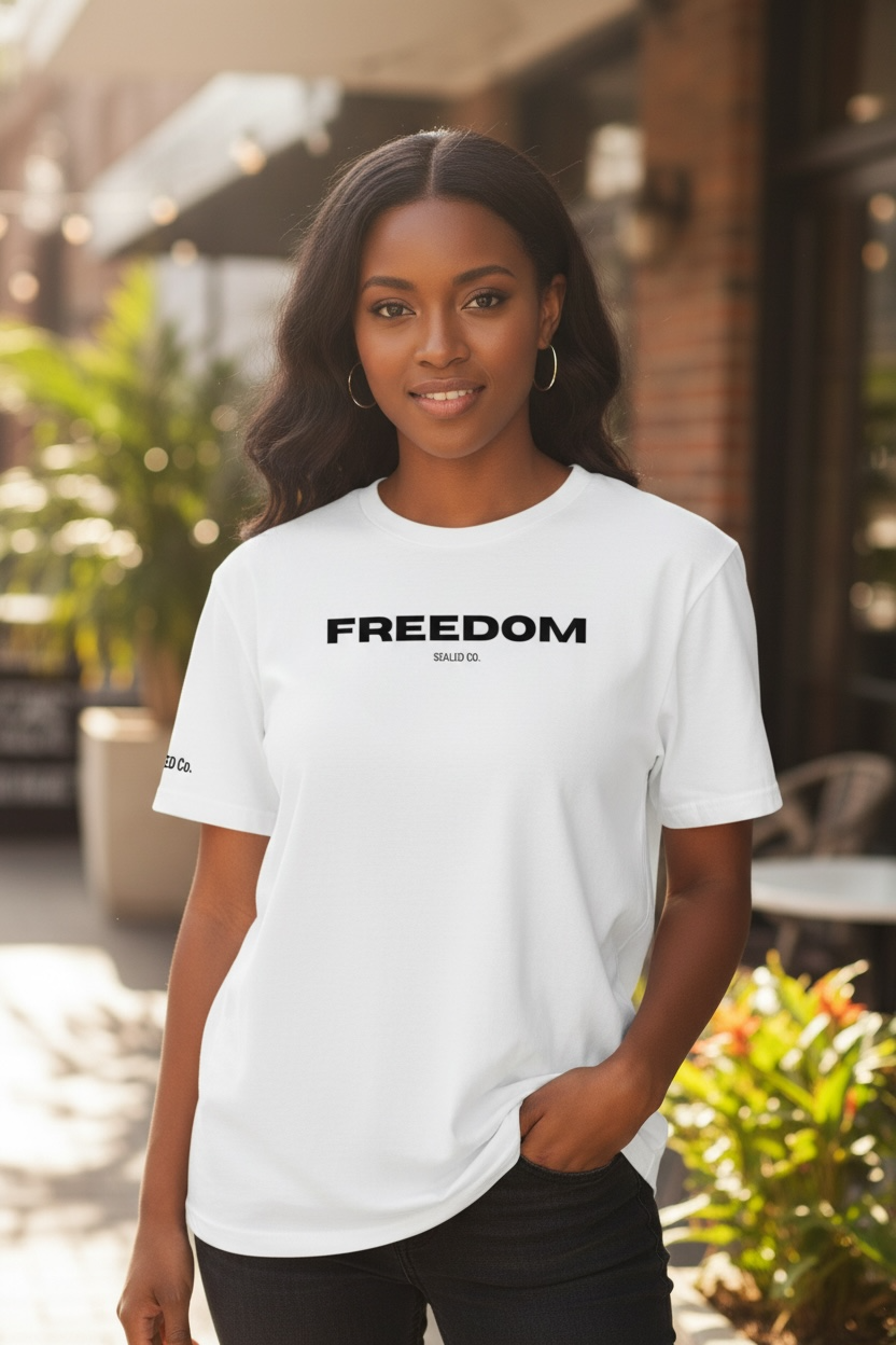 White Freedom Christian T-shirt by SEALED Co. with bold black front text