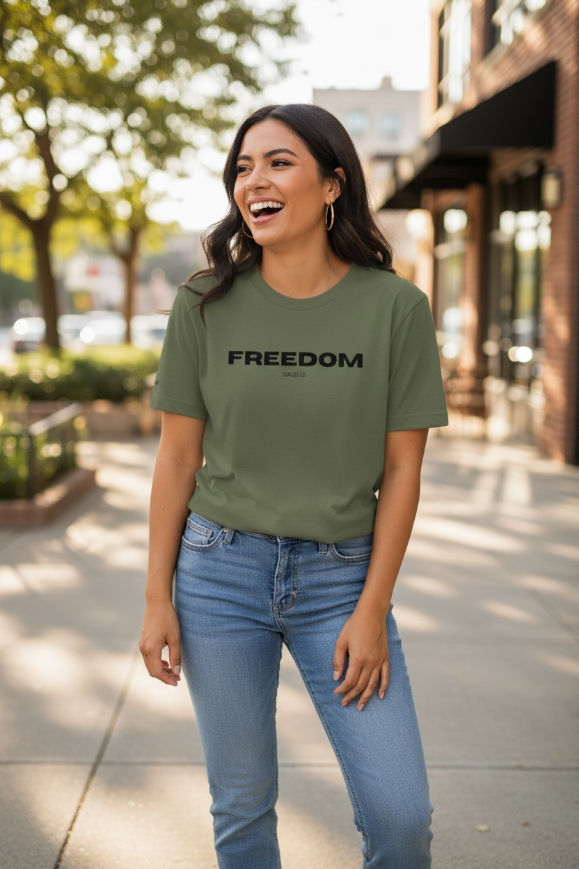 Green Freedom Christian T-shirt by SEALED Co. with bold front text