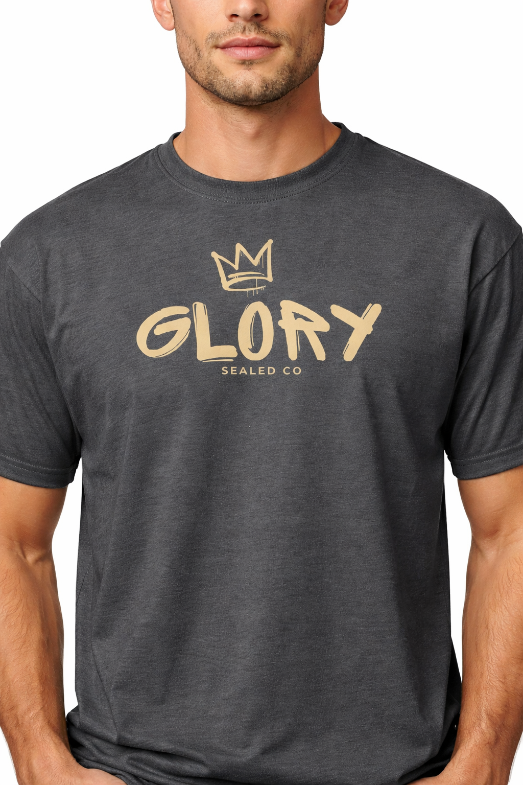Dark heather Christian T-shirt with gold Glory graphic and crown design by Sealed Co