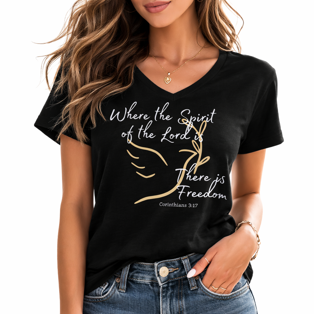 Where the Spirit of the Lord Is There Is Freedom Black V-Neck Christian T-Shirt | 2 Corinthians 3:17