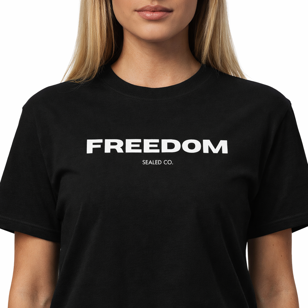 Black Freedom Christian T-shirt with minimalist white text by SEALED Co.
