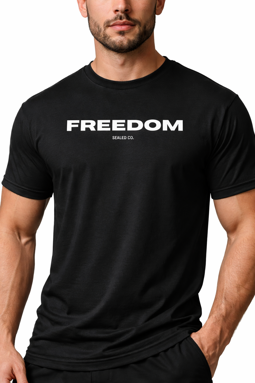 Black Freedom Christian T-shirt with minimalist white text by SEALED Co.