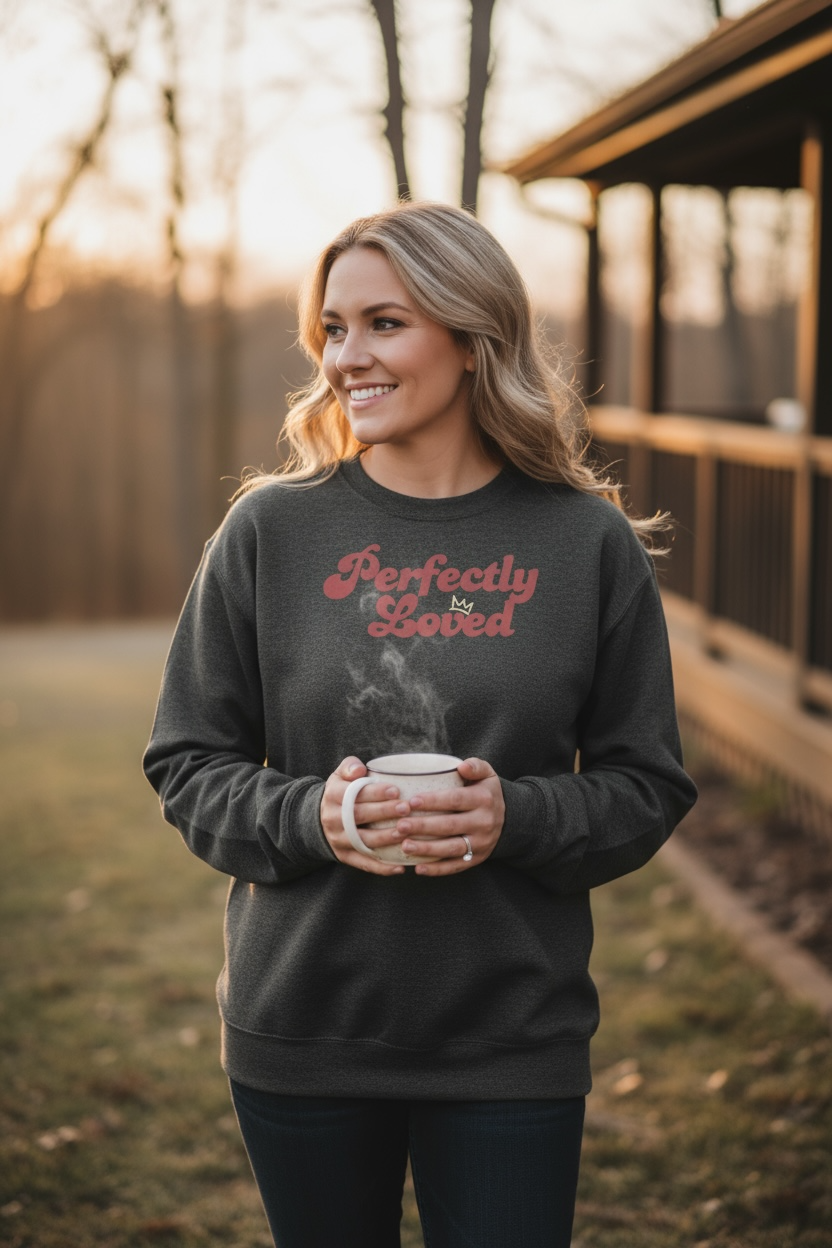 Woman wearing a dark heather Christian crewneck sweatshirt with pink Perfectly Loved text
