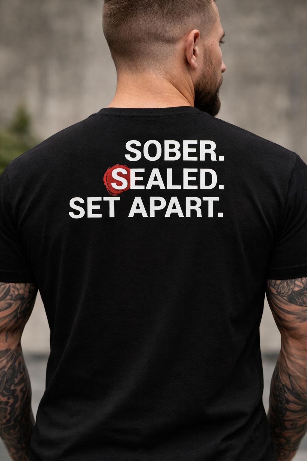 Black Christian recovery T-shirt with Sober Sealed Set Apart graphic in white and red