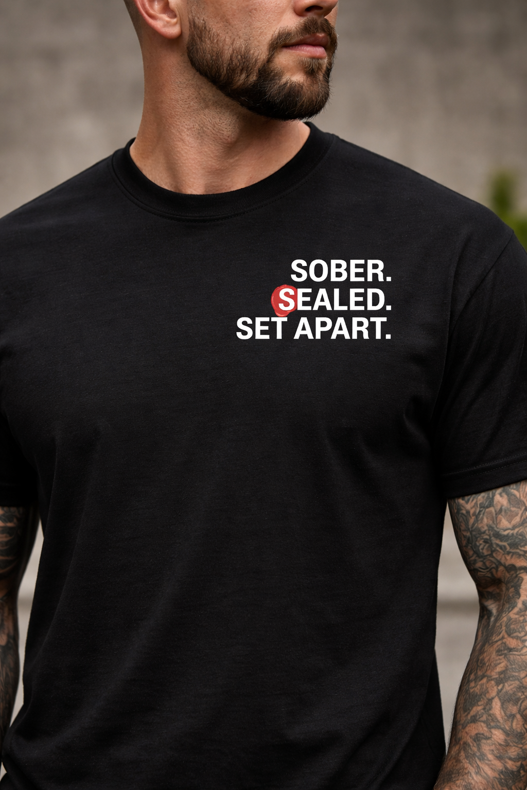 Black Christian recovery T-shirt with Sober Sealed Set Apart graphic in white and red