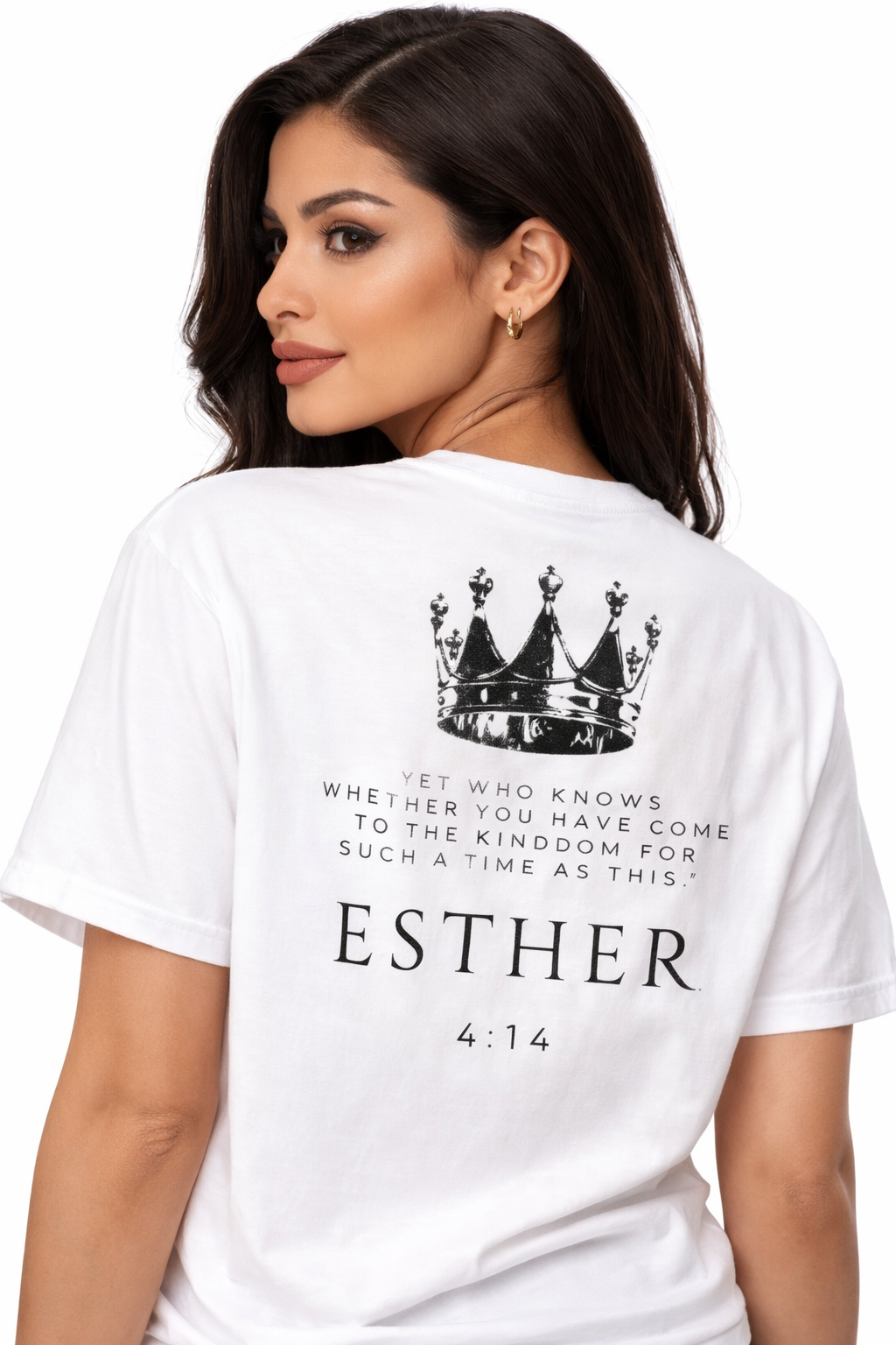 White Esther 4:14 Christian T-shirt with crown graphic and such a time as this verse design