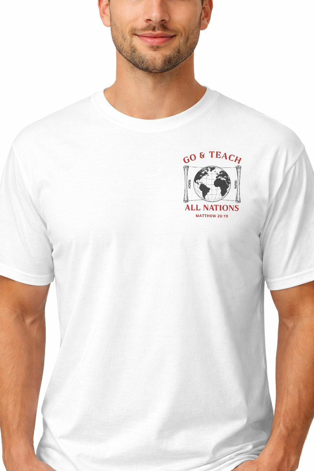 Go and teach all nations Christian t-shirt Matthew 28:19 missions shirt with world graphic