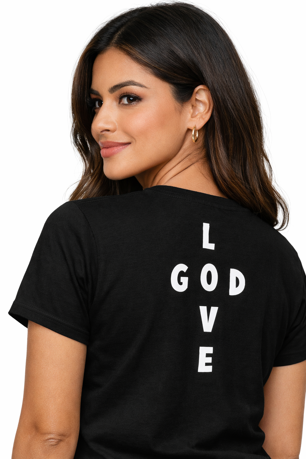 God is love black Christian t-shirt minimalist design with love typography on back