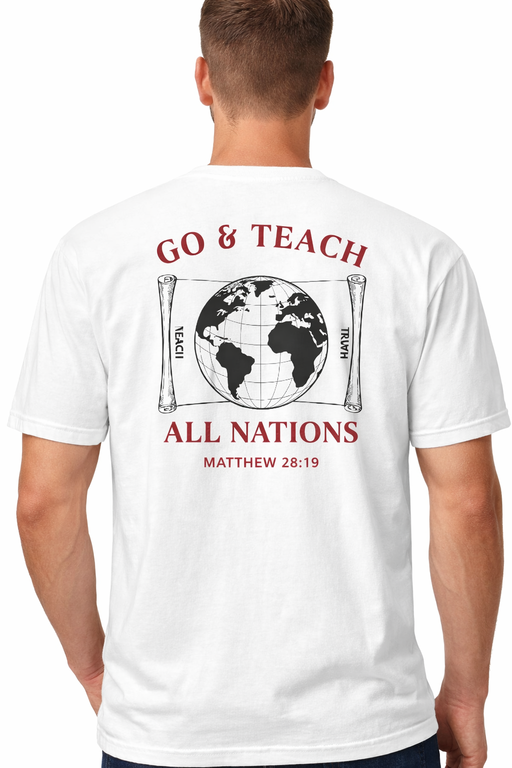 Go and teach all nations Christian t-shirt Matthew 28:19 missions shirt with world graphic