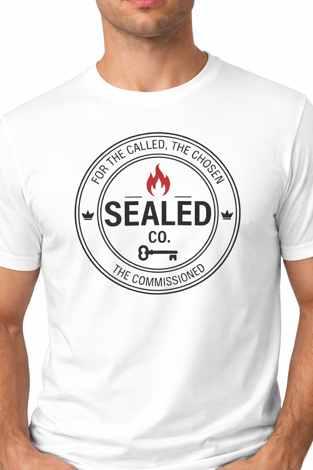 SEALED Co white Christian t-shirt with logo design faith-based apparel