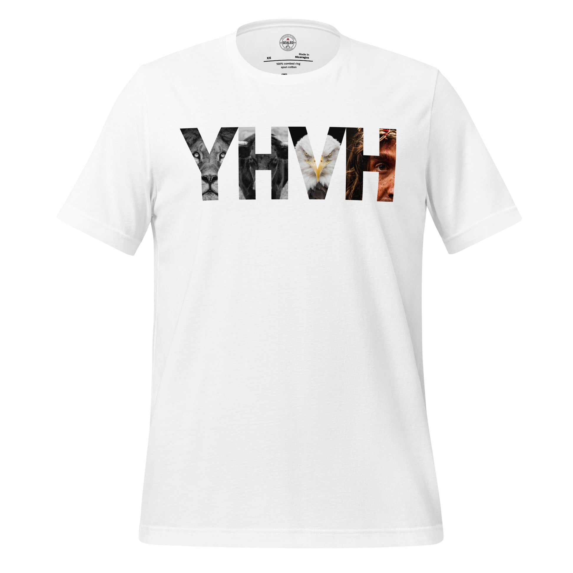 YHVH Christian T-Shirt featuring Lion Ox Eagle Man imagery from Ezekiel and Revelation
